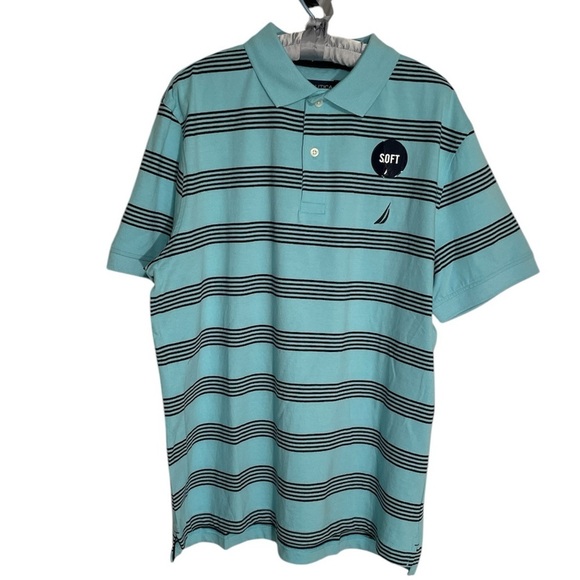 Nautica classic fit aqua with navy blue stripes Polo sz L - Picture 1 of 5